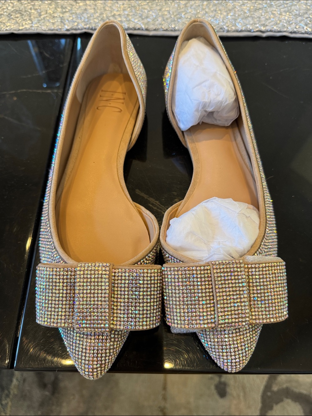 INC International Concepts Iridescent Crystal Bow Pointed Flats - Beige